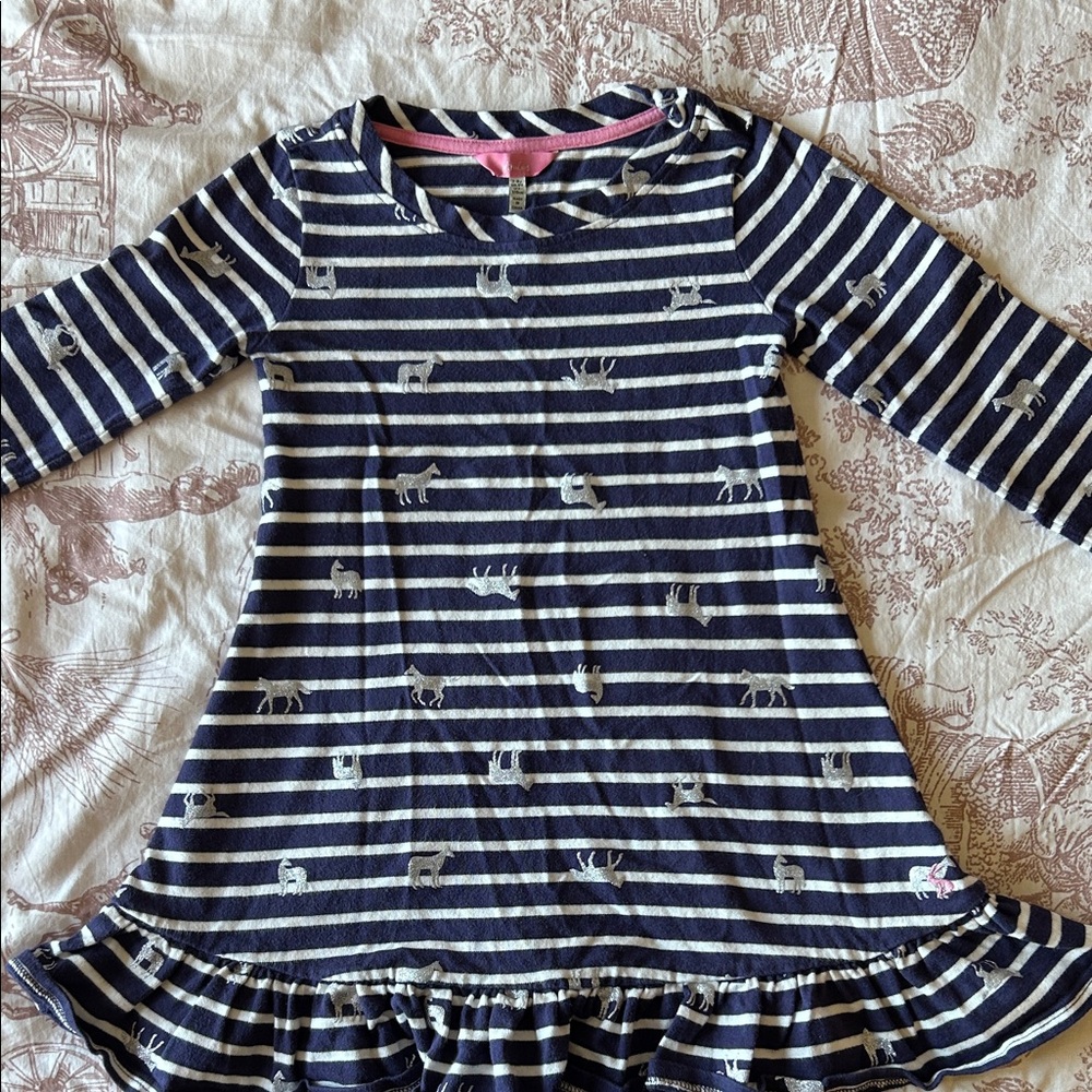 Joules Navy and White Striped Dress with Pink Accents